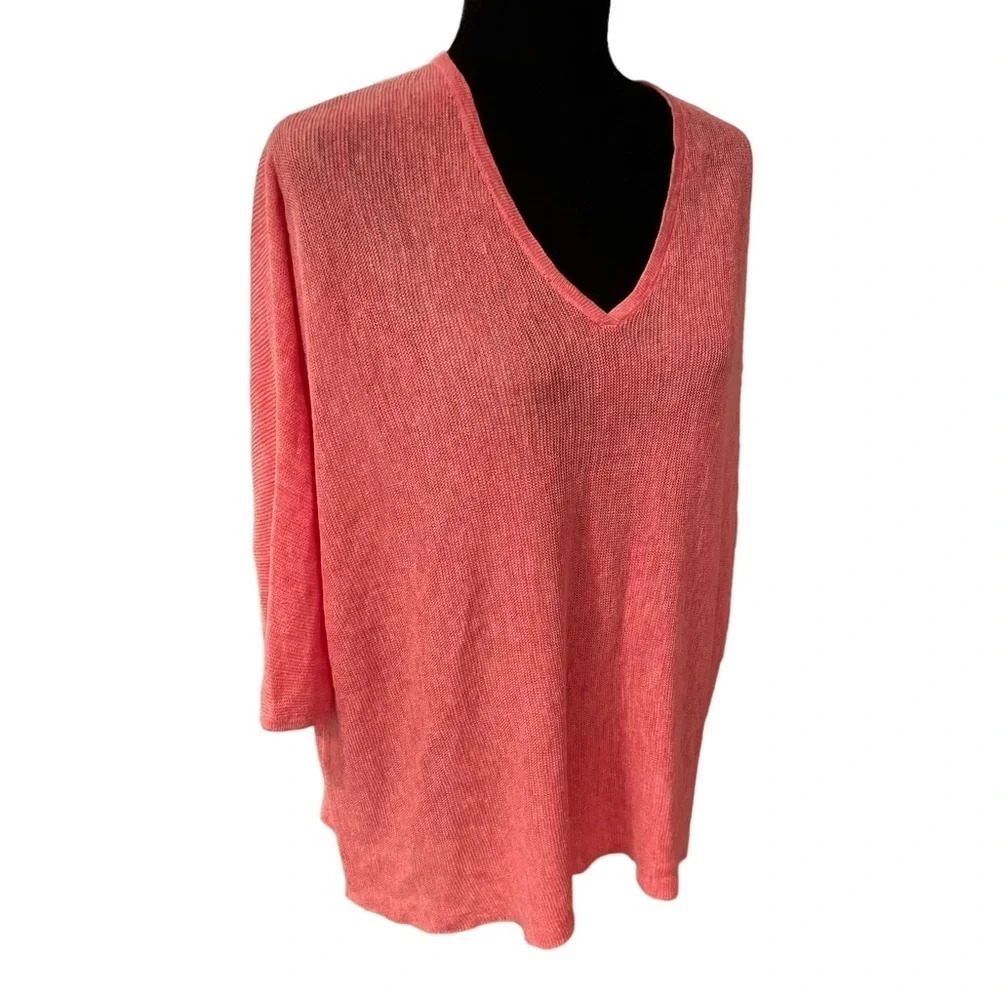 Eileen Fisher Knit Salmon Pink Organic Linen V neck Top Small